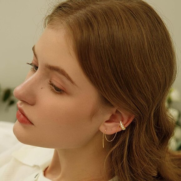 Gold Dangle Hoop Earrings Small Stud Drop Chain Dazzling Zirconia Jewelry - Picture 4 of 9